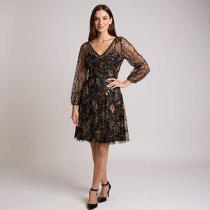 Maggy London Gold Black Long Sleeve Sequin Mini Dress  Party Dress NEW $188
